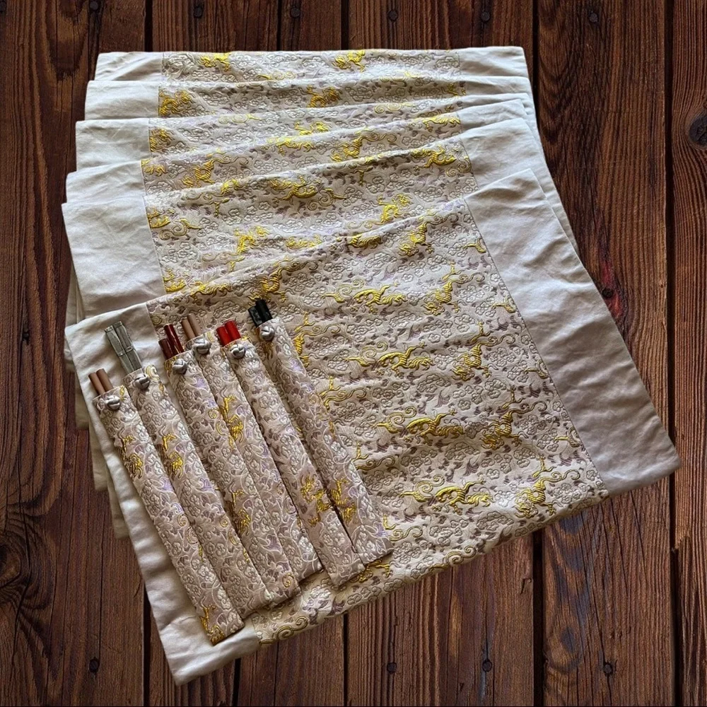 Brocade Gold Dragon Placemats 6 Chopstick Bags